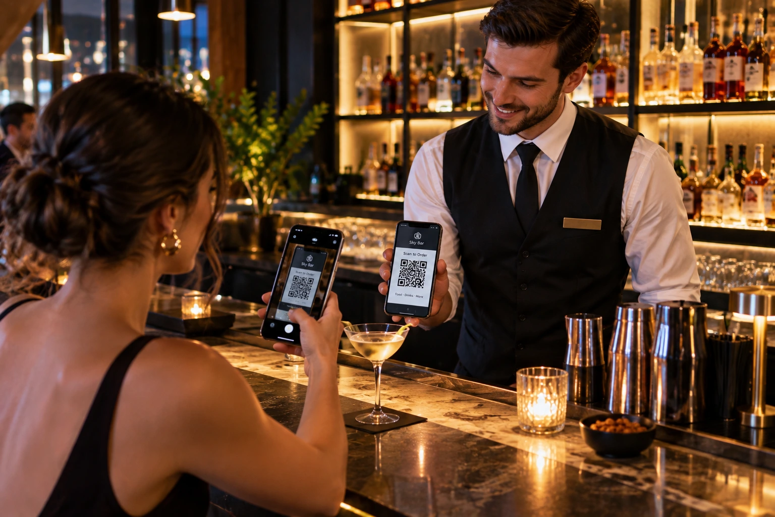 Bar QR ordering — guests order drinks on their phone, bar tickets update live